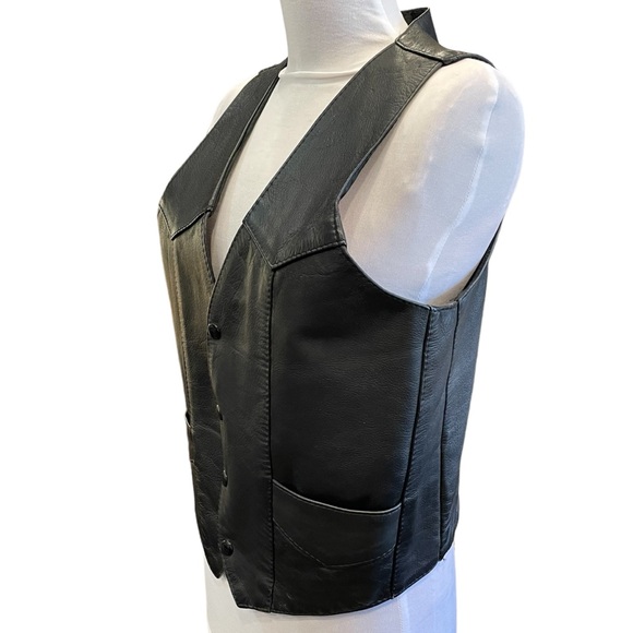 VTG First Genuine Leather Mens Sz 36 Black Leather Snap Motorcycle Vest Patina - Picture 3 of 8